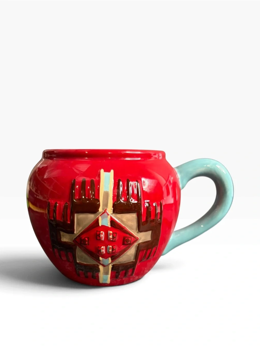 RED SOUTHWESTERN PENDLETON COFFEE MUG WITH TURQUOISE HANDLE